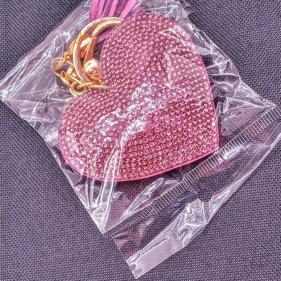 NEW Crystal Rhinestone Purple Heart Purse Charm Key Ring Chain Ring Zipper Gold - Picture 11 of 13